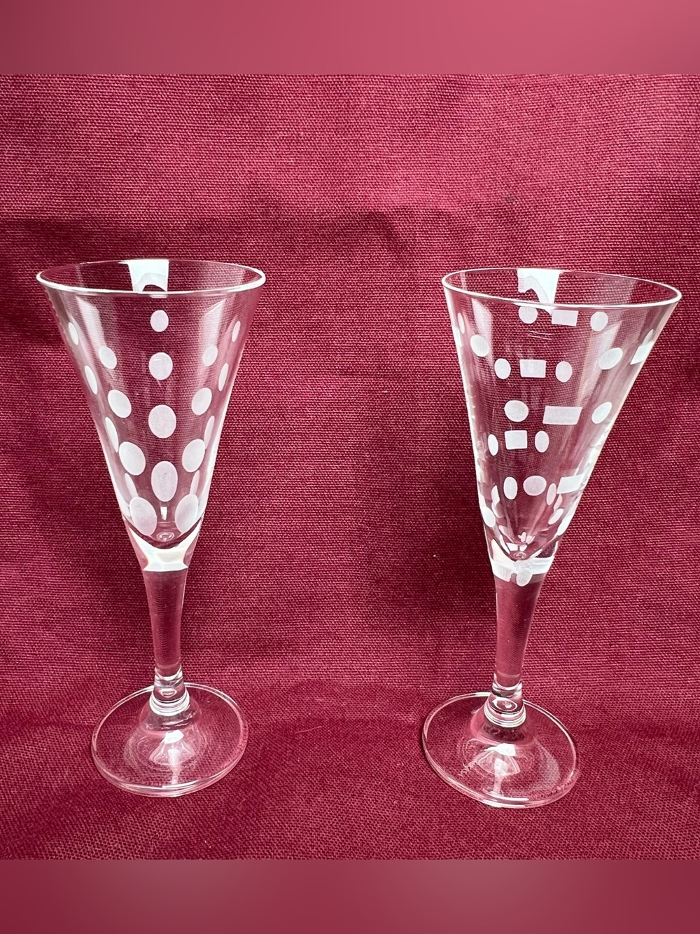 Set of Two Etched Polka Dot liquor Flutes - Clear Glass. MCM